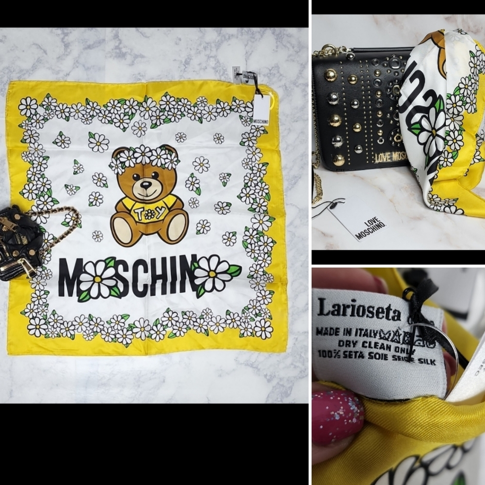 Moschino yellow toy teddy floral silk scarf new with tags